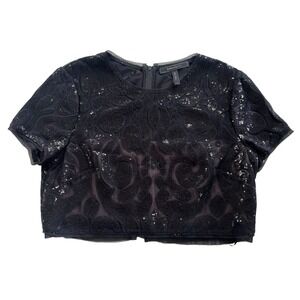 BCBGMAXAZRIA Women 12 Black Sequin Embellish Short Sleeve Crop Elegant Maris Top
